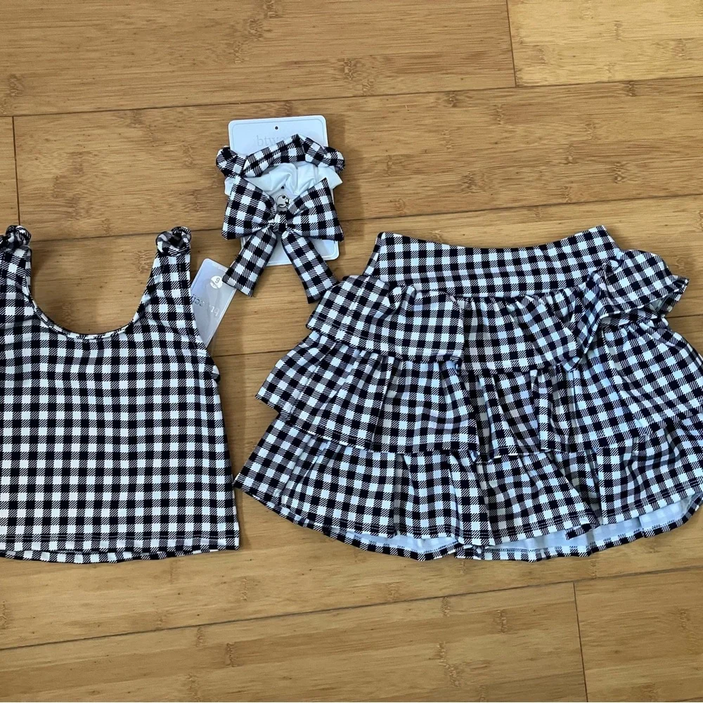 btween Black and White Gingham Ruffle Skirt & Tank Set with Hair Bows - Picture 2 of 2